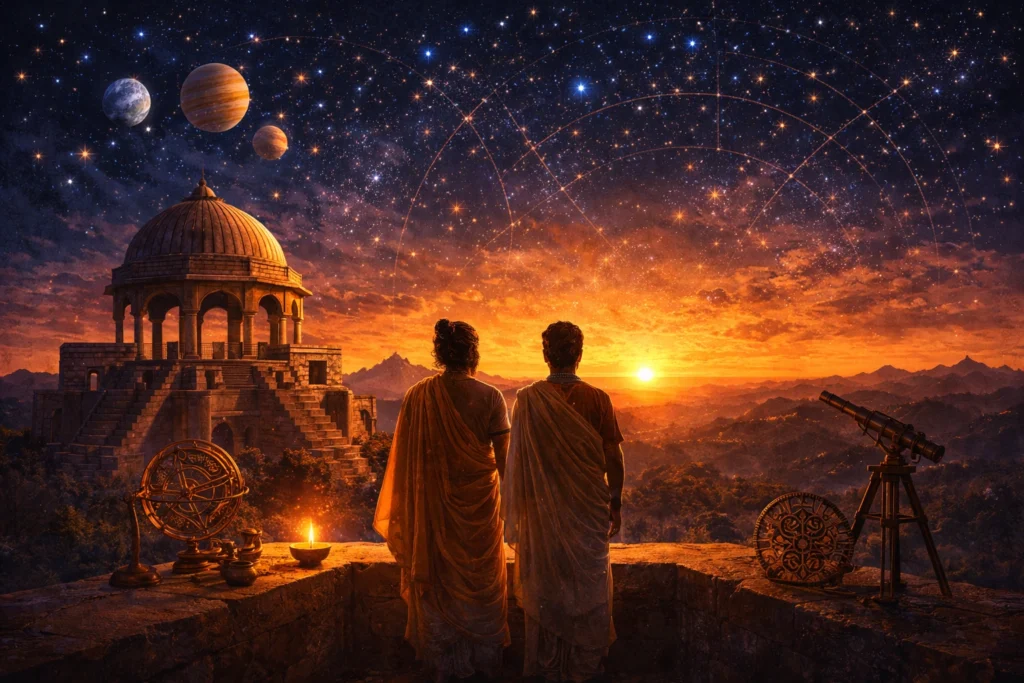 Ancient Indian scholars observing stars at sunset near observatory