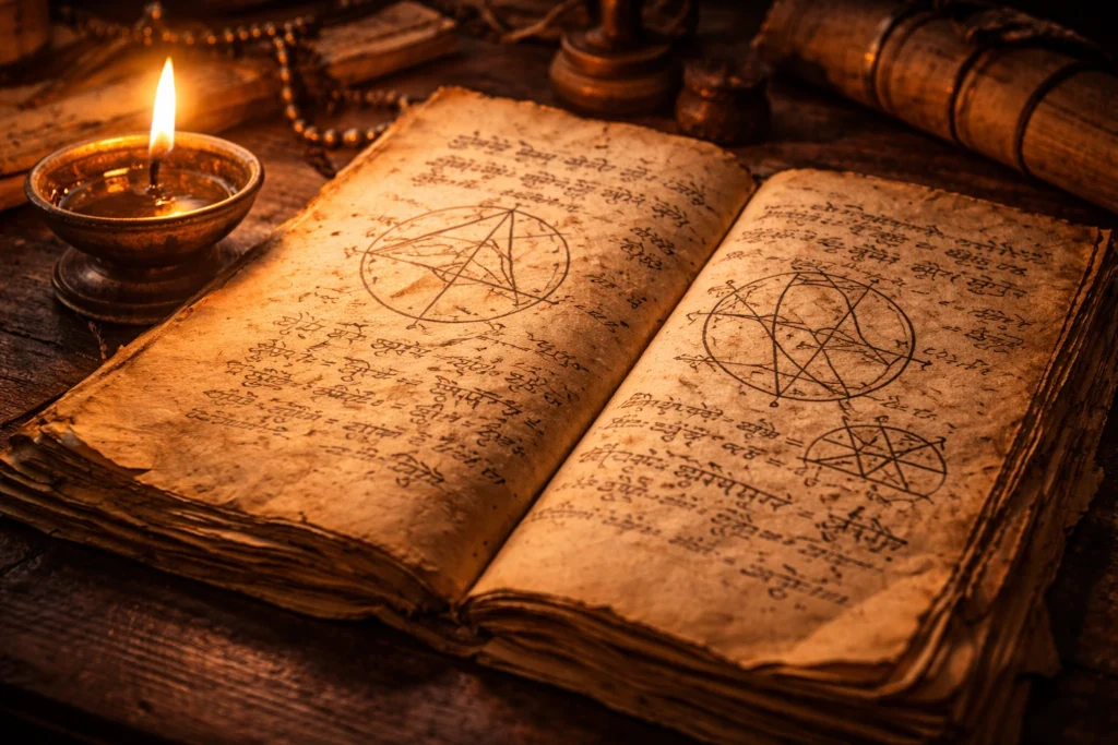 Ancient Indian manuscript with mathematical diagrams illuminated by oil lamp