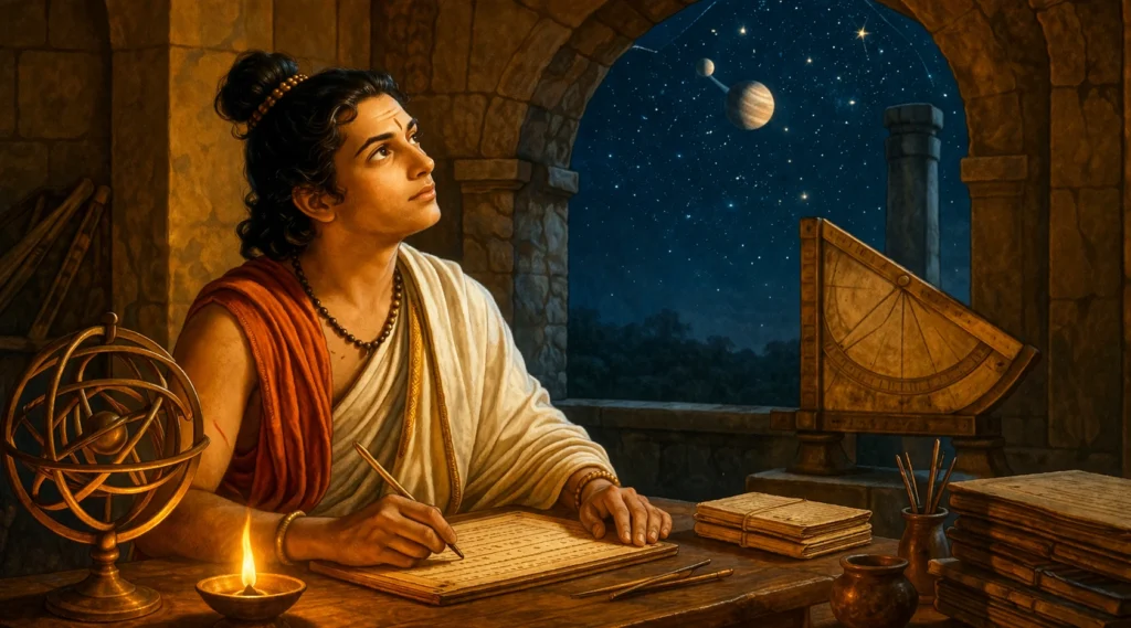 Ancient Indian mathematician observing stars and writing calculations in observatory