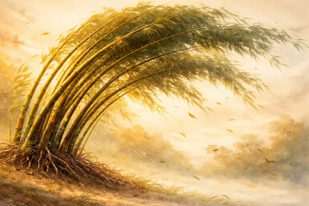 Bamboo bending in strong wind with visible roots showing strength and flexibility