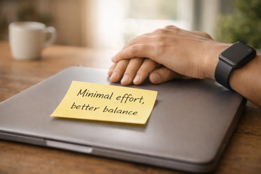 Hands resting on laptop with note about minimal effort and balance