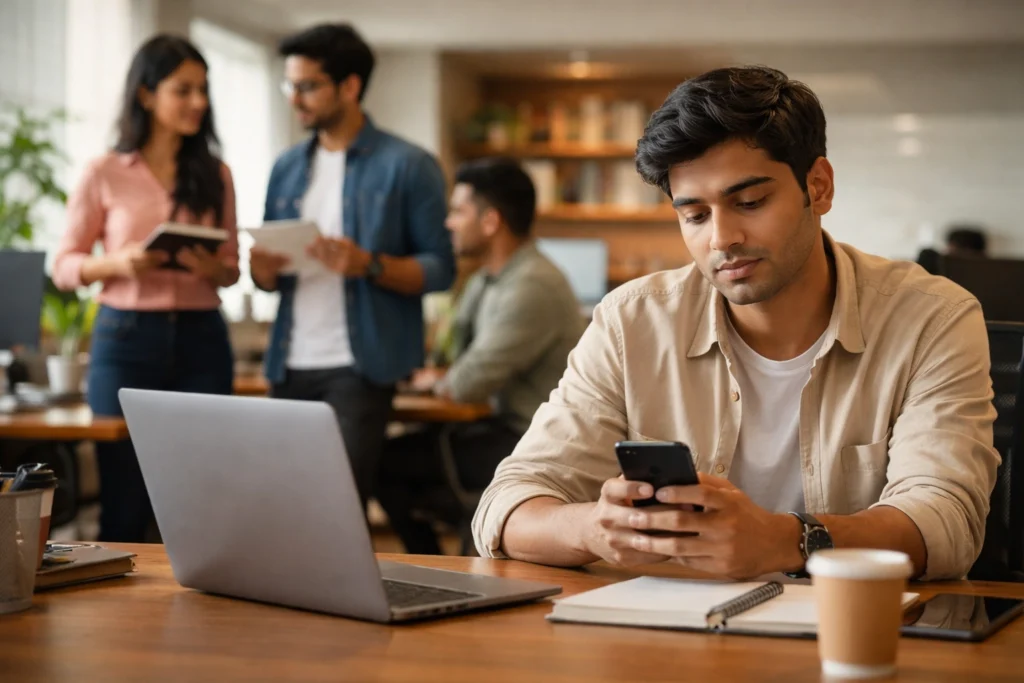 Young Indian professional looking at phone while others work in office showing disengagement