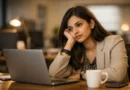 Young Indian woman looking tired at office desk on Monday morning with laptop and coffee
