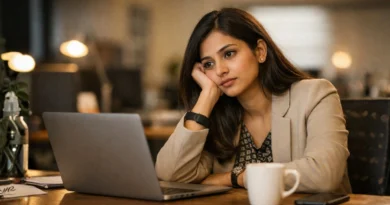 Young Indian woman looking tired at office desk on Monday morning with laptop and coffee
