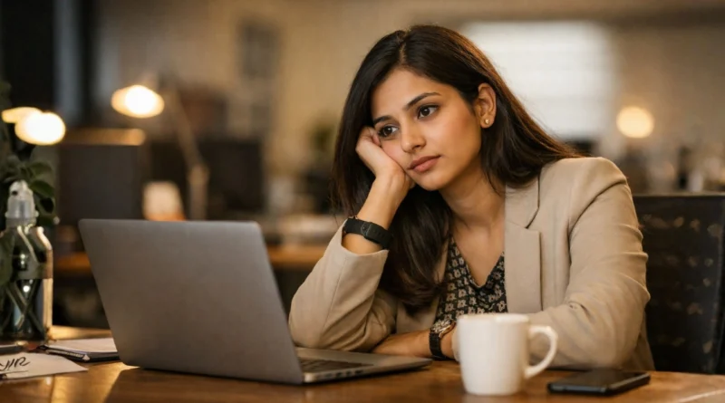 Young Indian woman looking tired at office desk on Monday morning with laptop and coffee