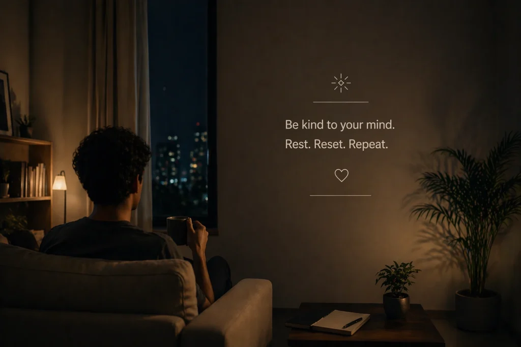 Person sitting on couch at night holding a mug, looking outside with calm reflective mood and minimal text on wall