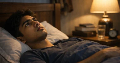 Teenage boy lying awake at night staring at ceiling feeling anxious