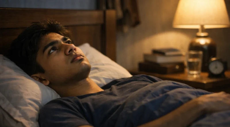 Teenage boy lying awake at night staring at ceiling feeling anxious