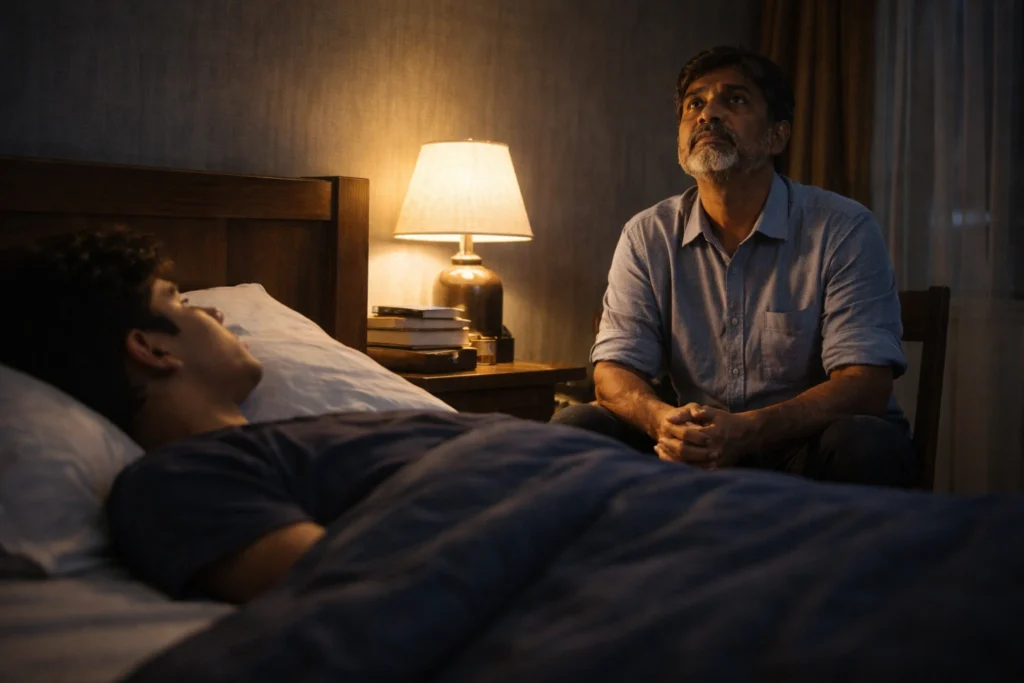 Father sitting quietly on chair near son's bed in dim light at night