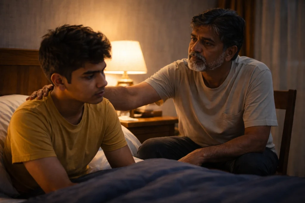Father placing hand on son’s shoulder in a quiet emotional moment