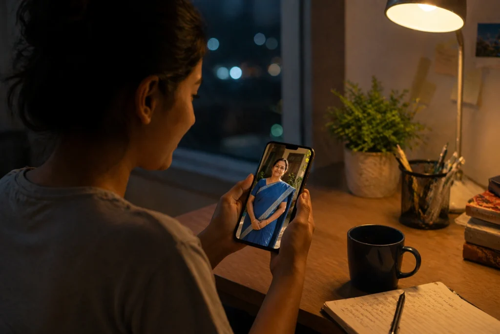 young woman smiling at phone seeing her mother in blue saree at night desk