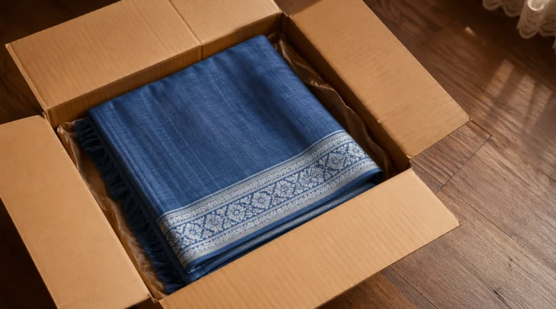 blue cotton saree neatly folded inside courier box first salary gift