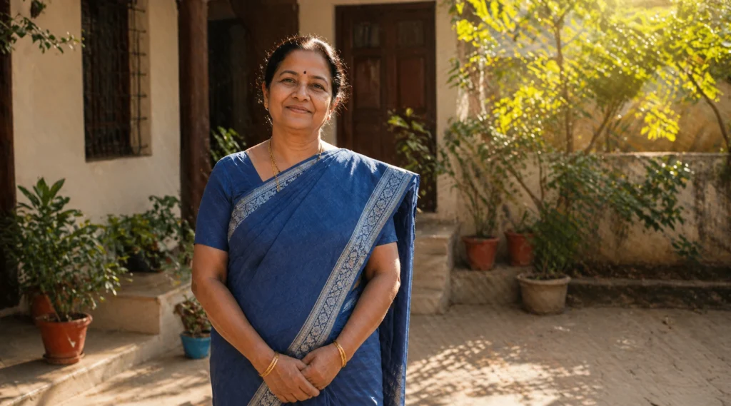 older indian woman wearing blue saree standing in sunlit courtyard smiling