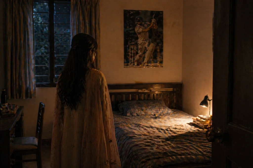 sister standing in brother empty room after wedding emotional scene