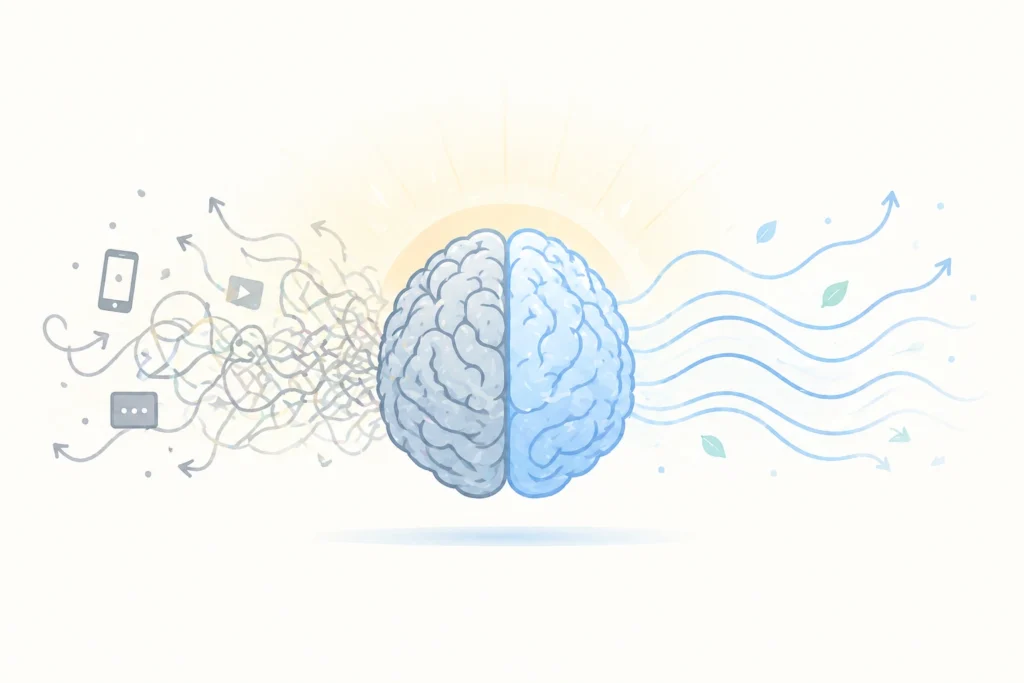 brain rot chaotic vs calm brain illustration attention recovery India