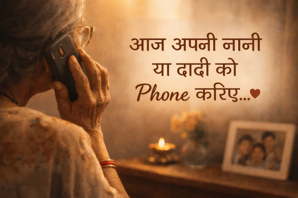 Elderly Indian woman talking on phone in warm light with message encouraging to call grandmother, emotional ending visual