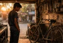 Young boy looking at an old dusty bicycle inside a small Indian repair workshop