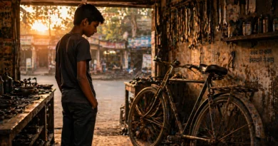 Young boy looking at an old dusty bicycle inside a small Indian repair workshop