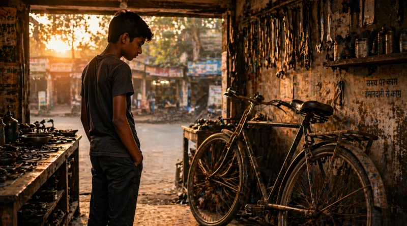 Young boy looking at an old dusty bicycle inside a small Indian repair workshop