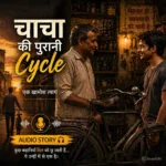 Audio story cover showing chacha and young man with old bicycle in workshop, emotional Hindi story theme