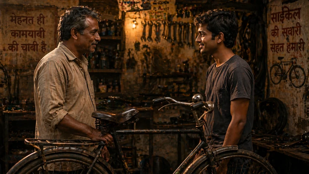 Chacha and young man standing with old bicycle in workshop, emotional recognition moment