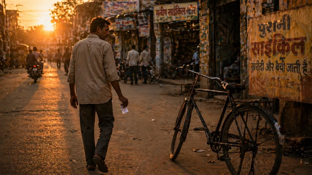 Middle-aged Indian man walking away after selling his bicycle on a market street at sunset