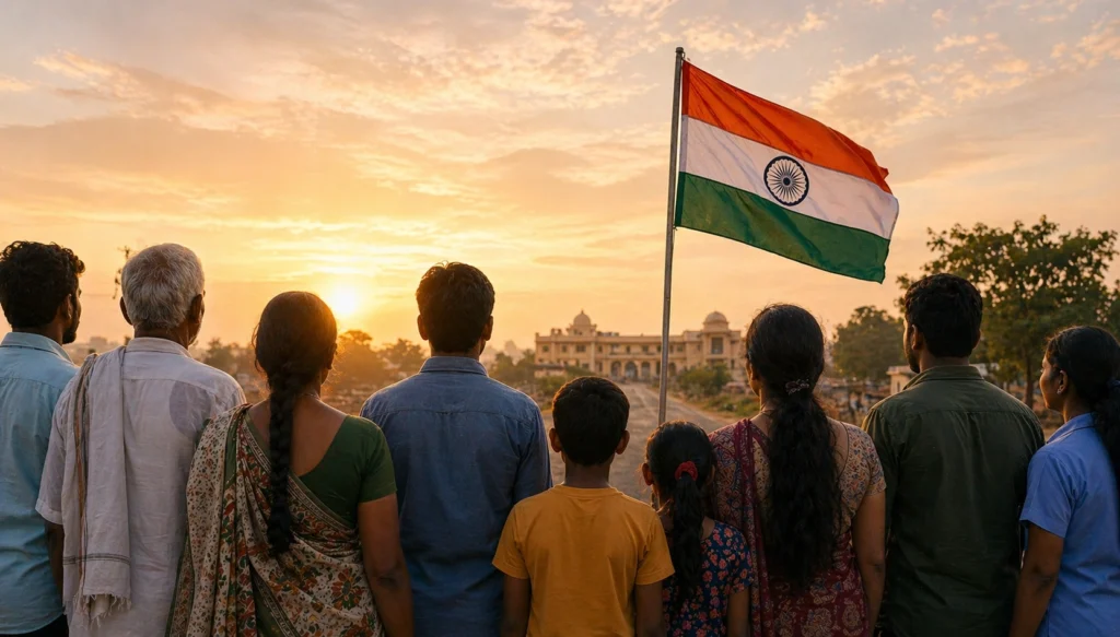 Group of Indian citizens standing together at sunset with national flag symbolizing democracy and collective future