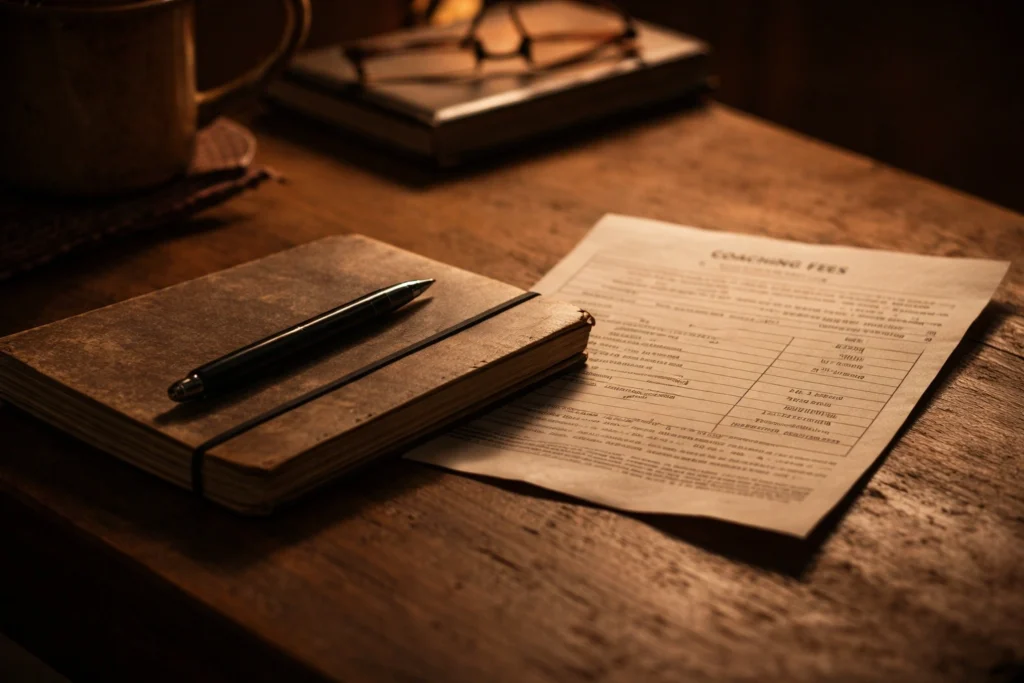 coaching fees और sacrifice दिखाती notebook और document की image