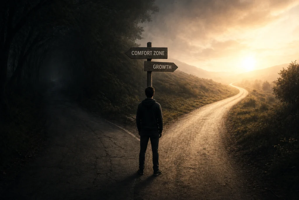 A person standing at a crossroads choosing between comfort zone and growth path