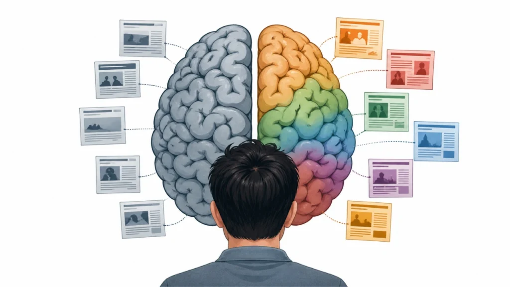Confirmation bias illustration showing split brain with selective news consumption vs diverse perspectives
