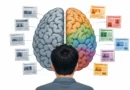 Confirmation bias illustration showing split brain with selective news consumption vs diverse perspectives