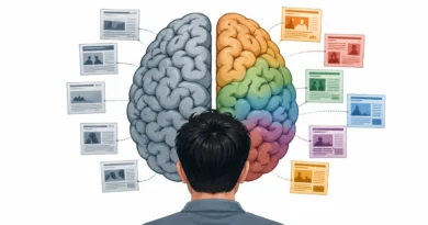 Confirmation bias illustration showing split brain with selective news consumption vs diverse perspectives