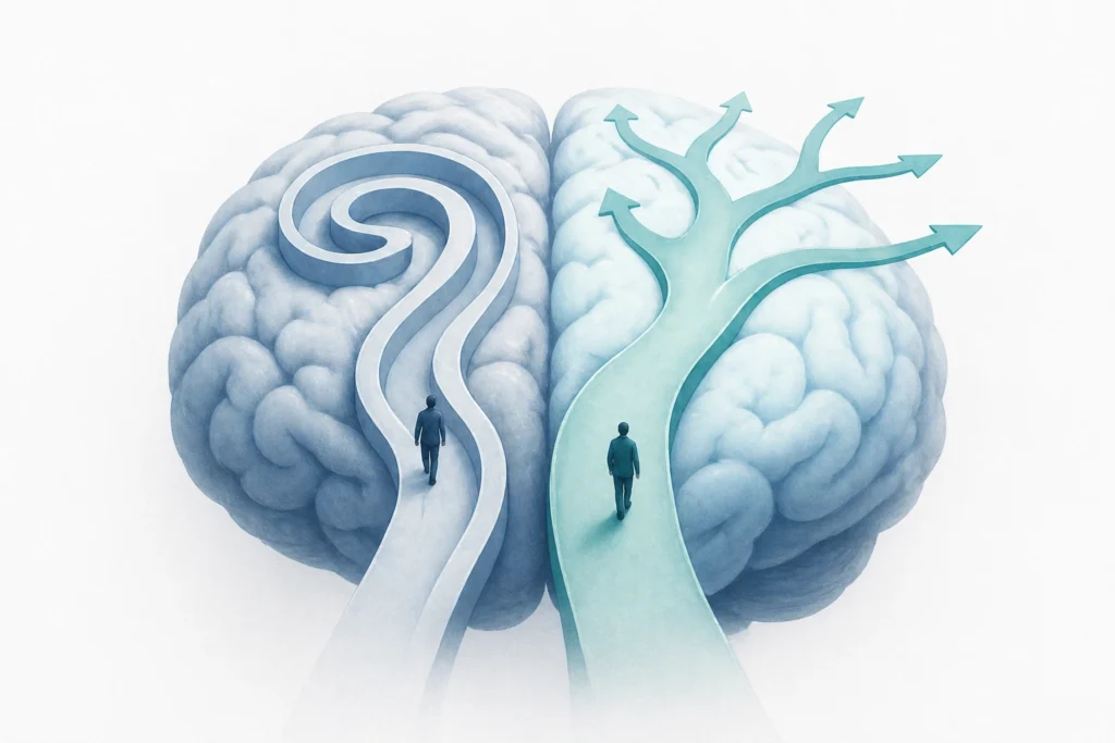 Brain illustration showing narrow confirmation bias path vs open minded thinking multiple paths
