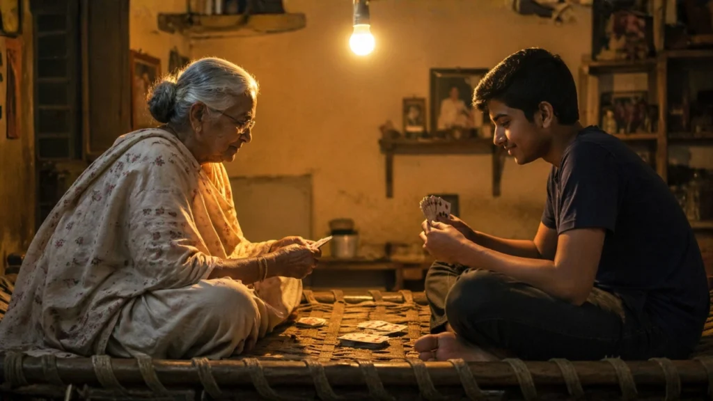 दादी और पोता चारपाई पर रात में ताश खेलते हुए, एक गर्म और भावुक पारिवारिक पल