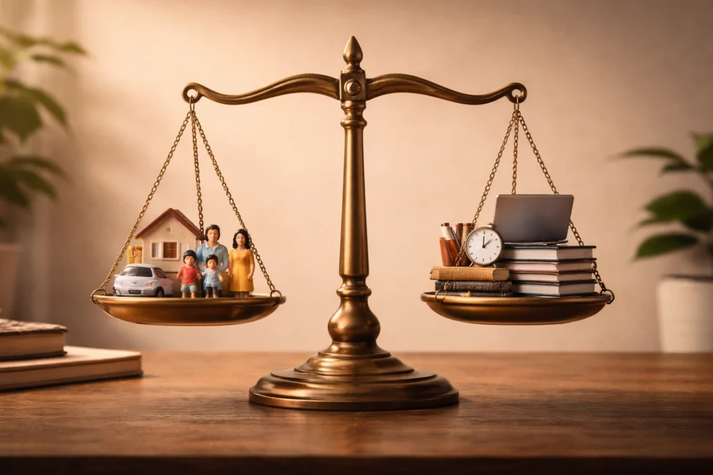 Different life roles balance scale family work responsibility dharm concept Hindi