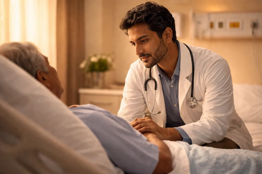 Doctor with patient human connection responsibility beyond duty dharm concept