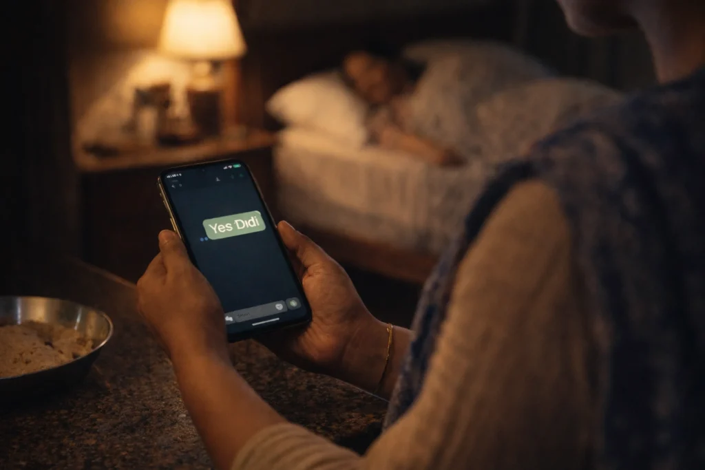 Woman holding a phone showing a message “Yes Didi” at night with warm light and a peaceful room in the background