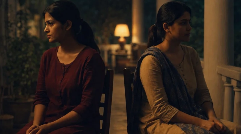 Two Indian sisters sitting apart on a veranda at night in silence, warm light showing emotional distance