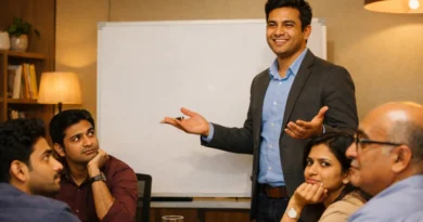 Confident employee presenting in office meeting while others look skeptical
