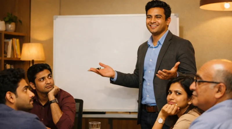 Confident employee presenting in office meeting while others look skeptical