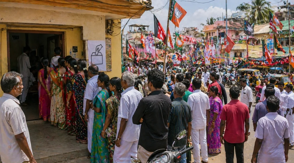 Voters standing in queue at polling booth in India with election atmosphere and party flags