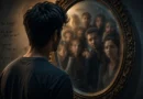 person looking in mirror seeing others instead of self external validation concept