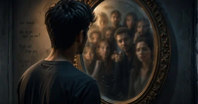 person looking in mirror seeing others instead of self external validation concept