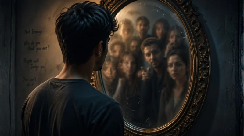 person looking in mirror seeing others instead of self external validation concept