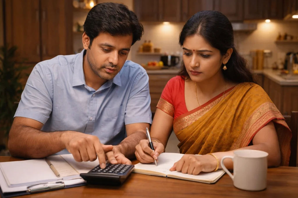 Indian couple reviewing monthly budget expenses with calculator at home
