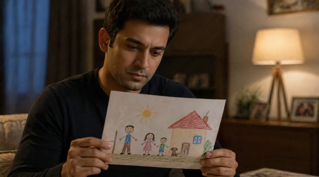 father reading childs drawing emotional moment soft light