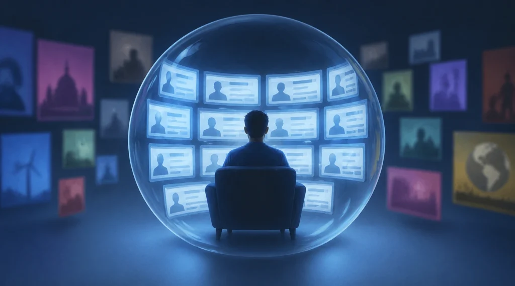 Person inside a filter bubble surrounded by similar content screens echo chamber concept