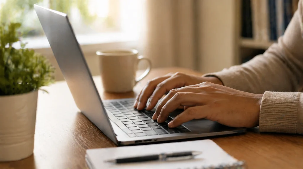 User typing on laptop while using AI tool NotebookLM for document-based queries