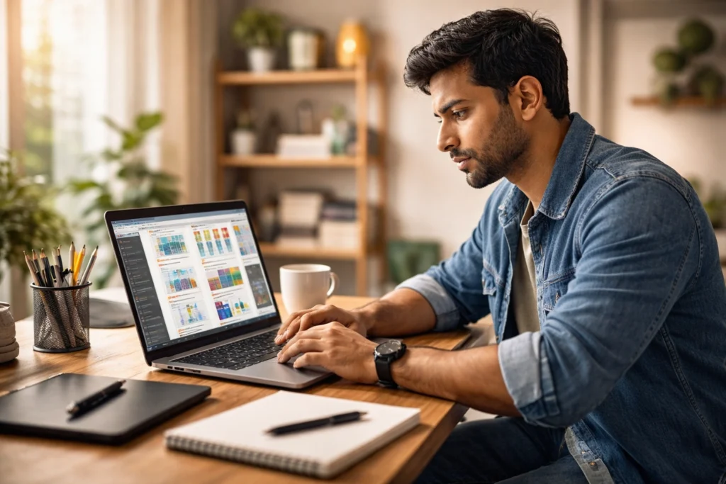Young Indian freelancer working on laptop at home desk