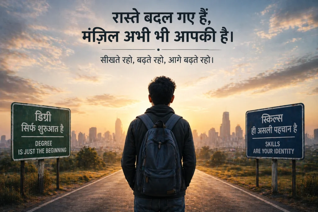 young student standing on road choosing career path skills vs degree